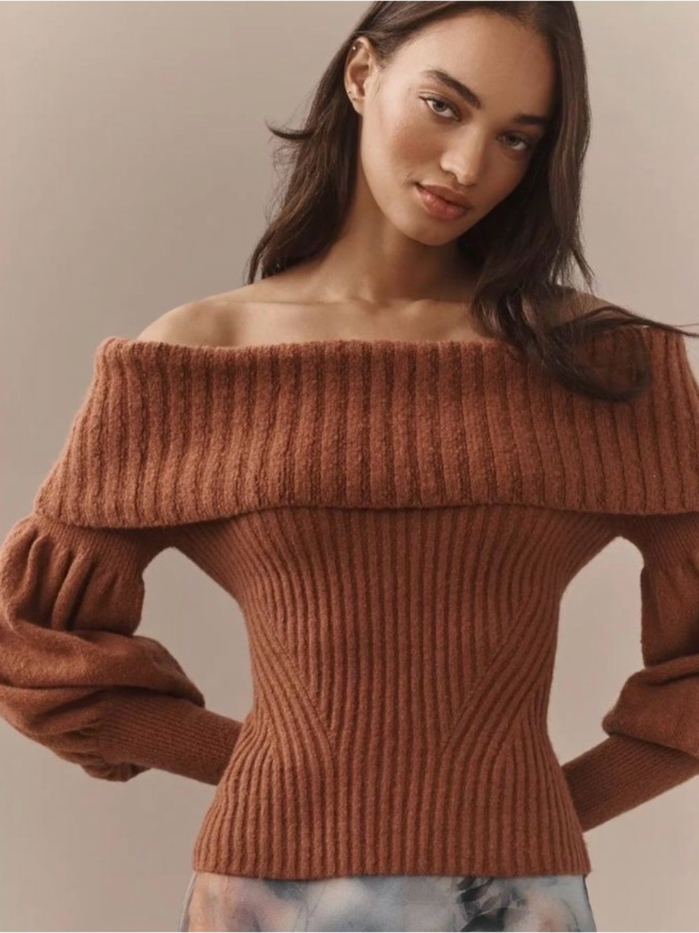 Anthropologie Off-Shoulder Ribbed Sweater in Rust